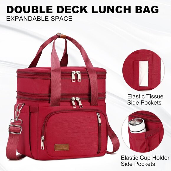 Double Deck Insulated Lunch Box for Men & Women, Leakproof Tote Cooler (Red) - Picture 6 of 7